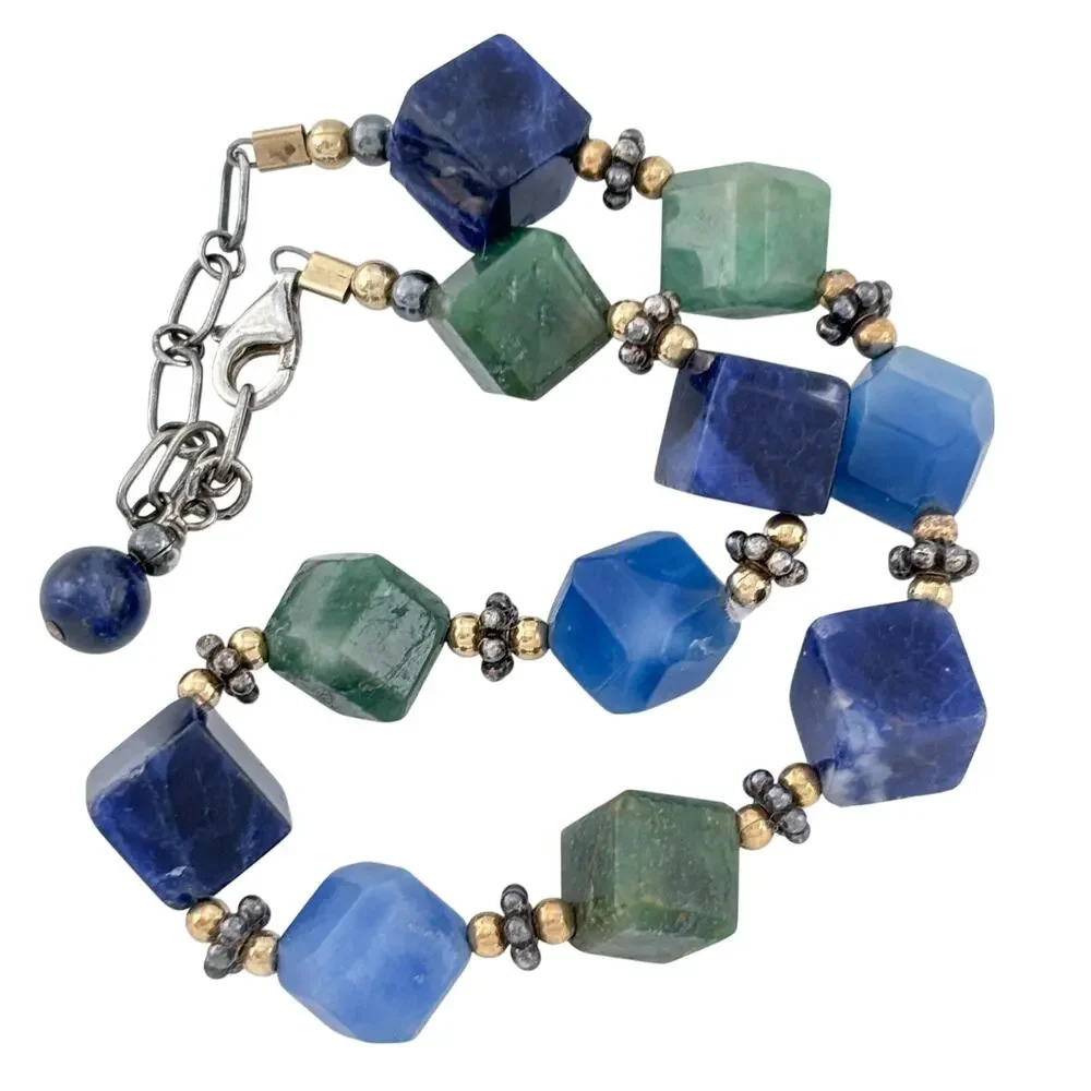 Vintage Sterling Silver 925 Lapis Aventurine Cube Bead Bracelet 7.5
